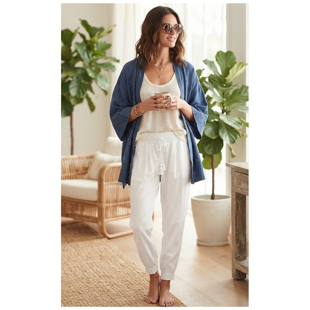 TART Jogger Pants Women L White Smocked Waist Viscose T7619S100 Good - Picture 1 of 8